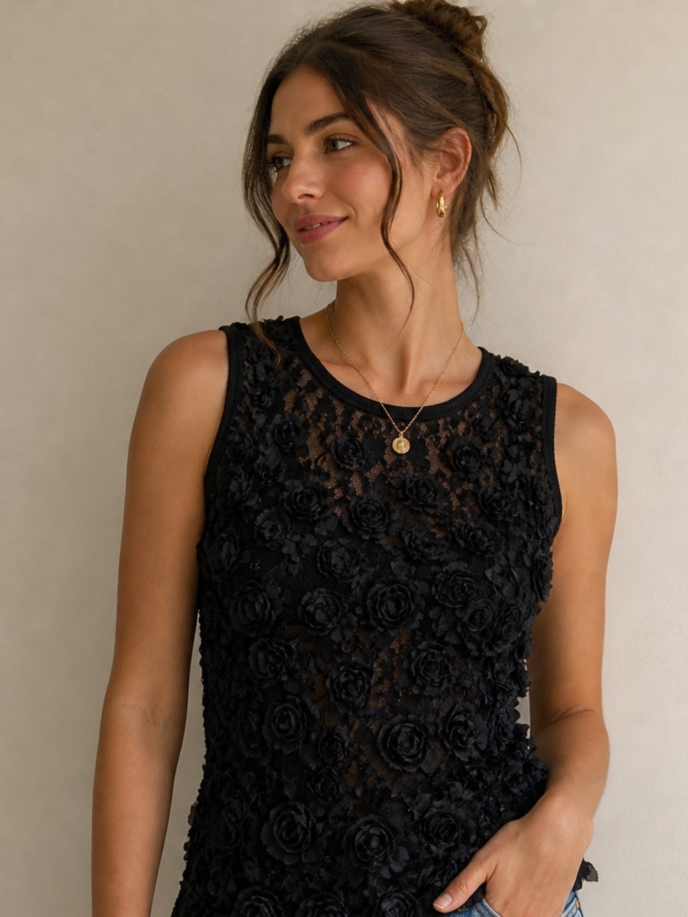 Molly Bracken Black Floral Lace Rosette Tank Top Sleeveless Romantic Boho Chic